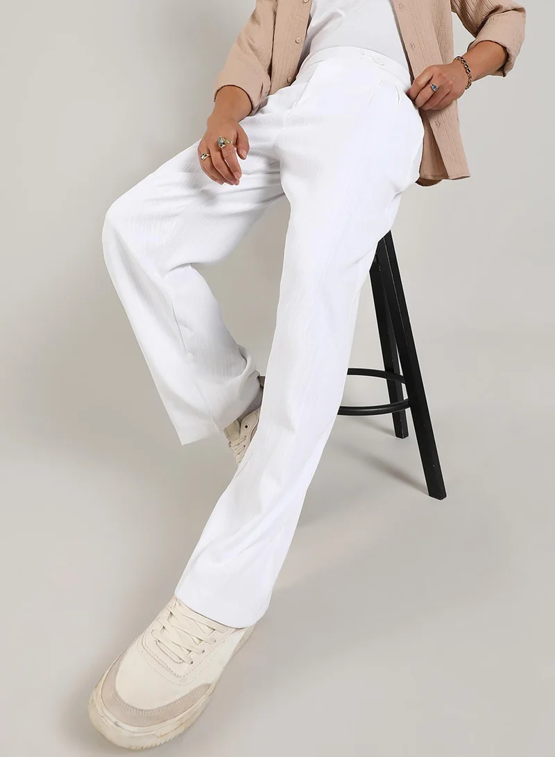 Men's Chalk White Tailored Linen-Blend Trousers For Casual Wear | Tailored-Fit | Mid-Rise | Button Closure | Trousers Crafted With Comfort Fit For Everyday Wear